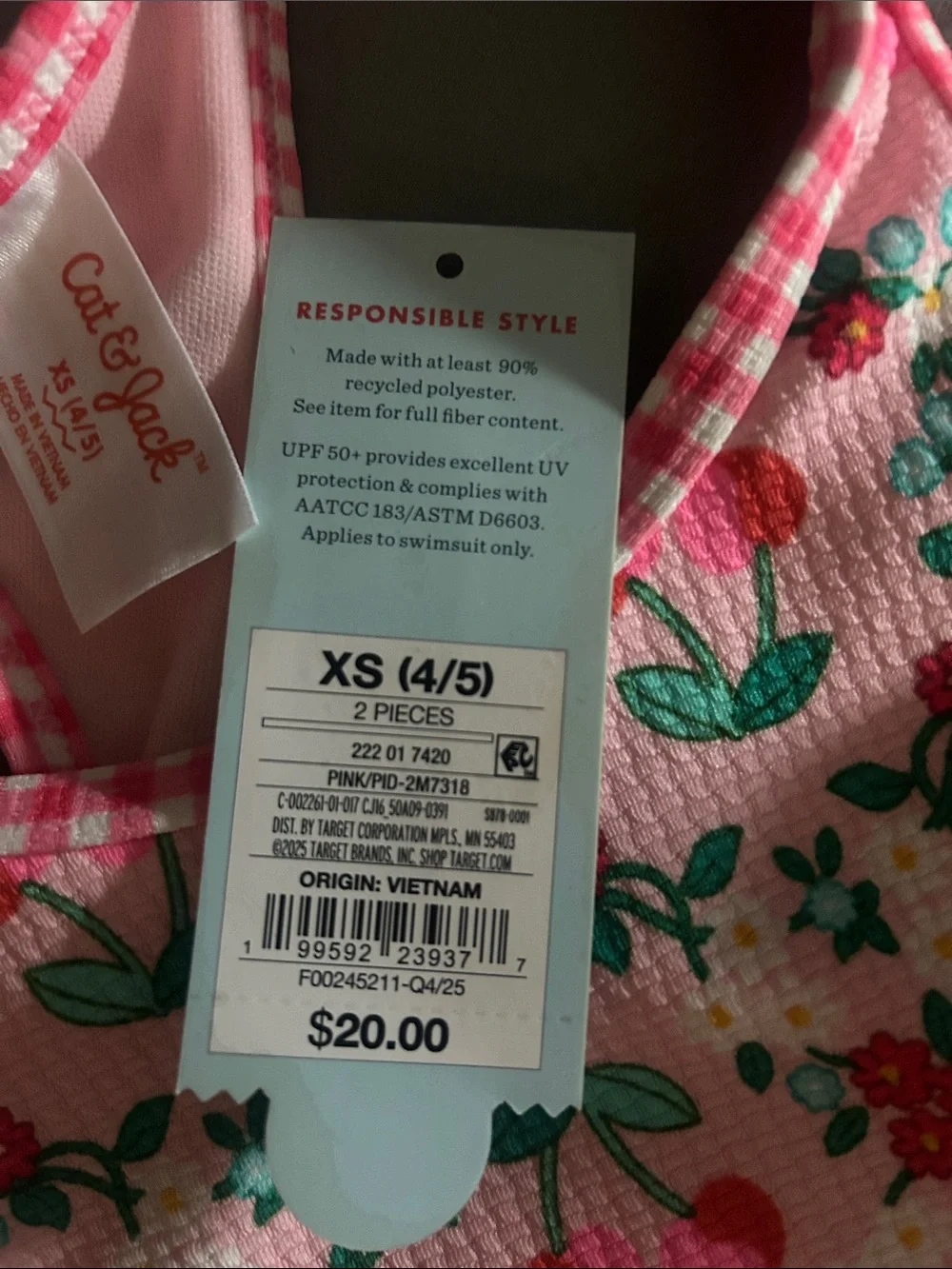 Cat & Jack Pink Floral Girls Two-Piece Swim Set with Green Accents